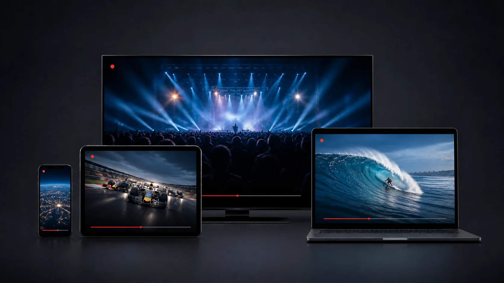Live applications displayed across television, phone, tablet, and laptop