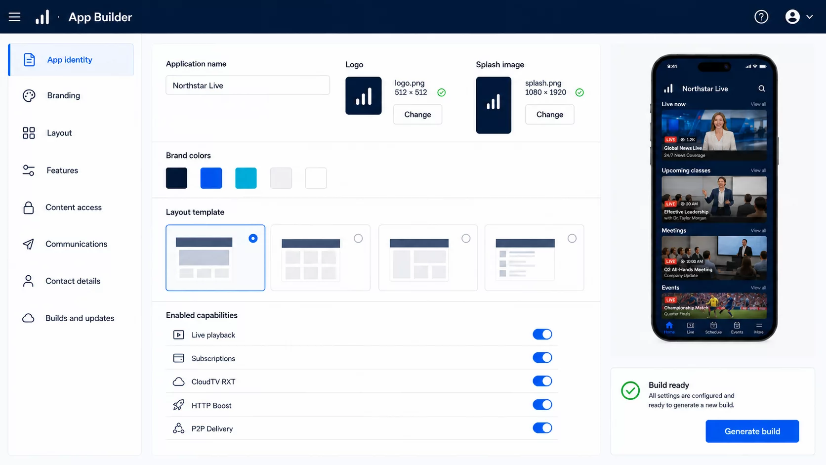 Future CloudTV App Builder interface organizing application identity, branding, predefined layouts, enabled capabilities, live application preview, and build status