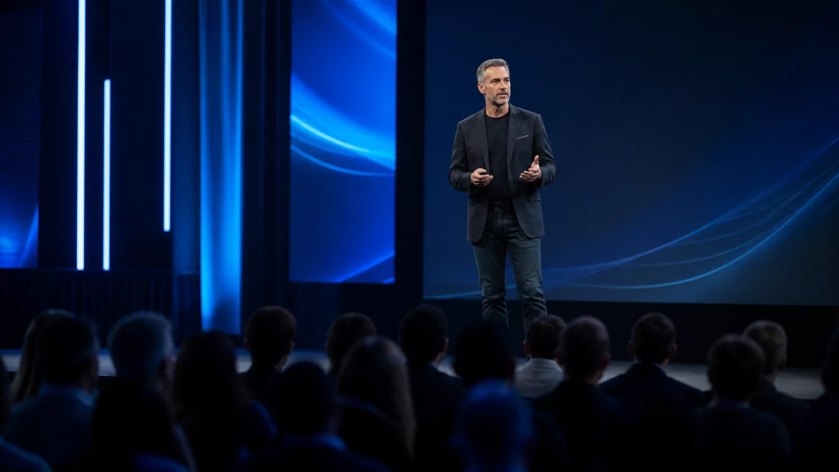 Clean live keynote broadcast frame with no visible watermark, logo, or overlay